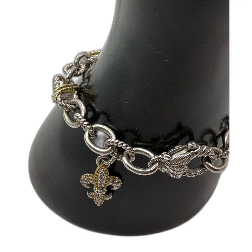 Judith Ripka Two Tone Link Bracelet Sterling Silver 18K Gold Fleur de Lis (8")